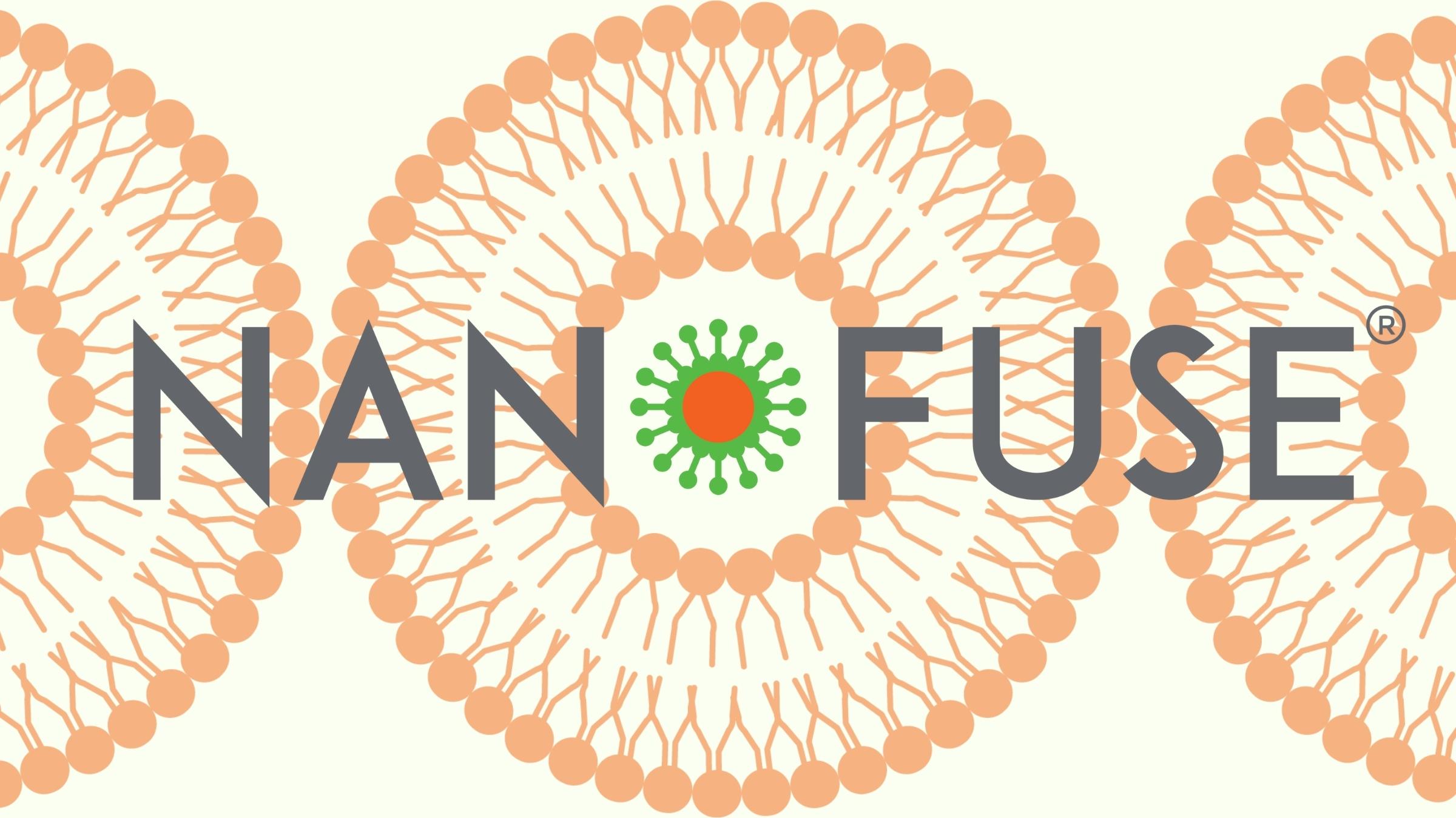 An illustrated logo for "nanofuse" featuring a central circular graphic with radiating dots and lines
