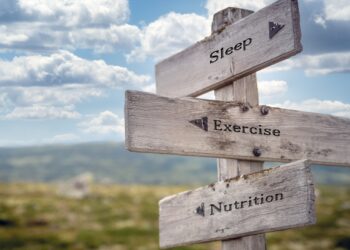 signs pointing in directions labeled: exercise, sleep, wellness