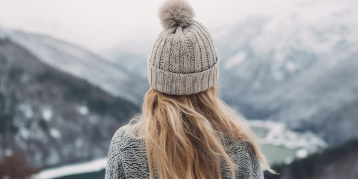 back of woman's head in a beanie looking at mountains
