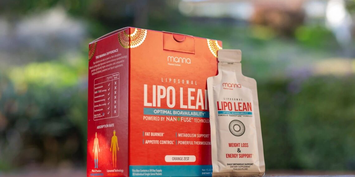 A box and a sachet of "Lipo Lean" dietary supplement with orange flavor. The packaging highlights its benefits for weight loss, energy support, fat burning, and appetite control.