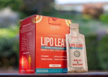 A box and a sachet of "Lipo Lean" dietary supplement with orange flavor. The packaging highlights its benefits for weight loss, energy support, fat burning, and appetite control.