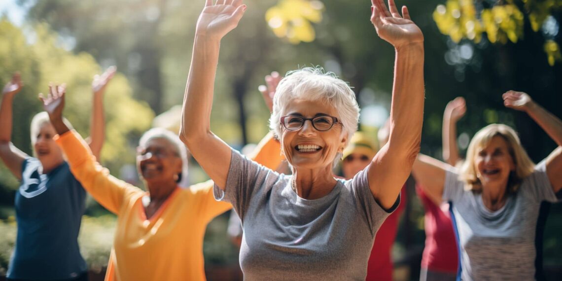 A group of smiling older adults with raised arms exercising outdoors on a sunny day.