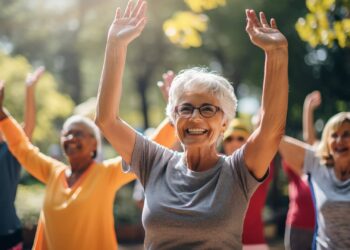 A group of smiling older adults with raised arms exercising outdoors on a sunny day.