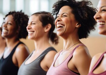 Group of diverse women in workout attire smiling and standing in a line, looking off to the right in a bright indoor setting.