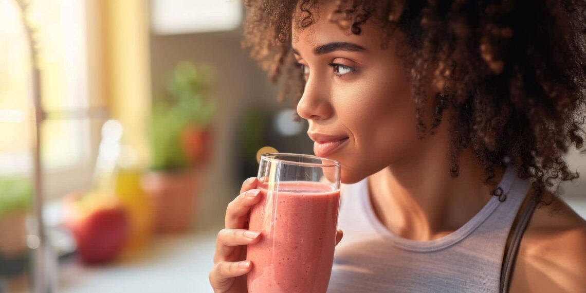 A person with curly hair holds and looks at a glass of pink smoothie in a sunlit kitchen.