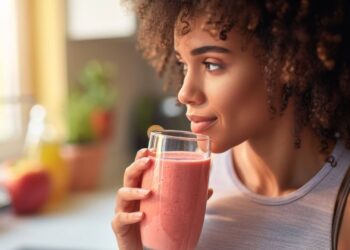 A person with curly hair holds and looks at a glass of pink smoothie in a sunlit kitchen.