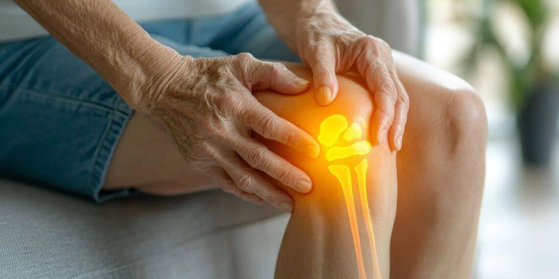 Elderly person holding a glowing knee joint, indicating pain or discomfort while sitting on a couch.