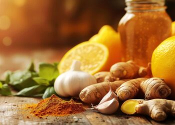 Ingredients on a wooden table include lemons, ginger roots, garlic, a jar of honey, fresh mint leaves, and a pile of ground turmeric. Sunlight creates a warm glow over the scene.