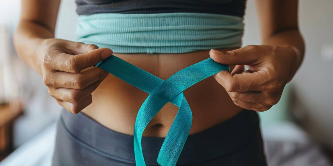 Person tying a blue measuring tape around their bare midsection while wearing athletic clothing.