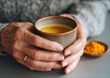 Close-up of elderly hands holding a mug filled with a yellow beverage, with a small dish of yellow powder nearby on a gray surface.