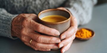 Close-up of elderly hands holding a mug filled with a yellow beverage, with a small dish of yellow powder nearby on a gray surface.