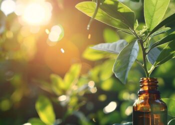 A small green plant grows from an amber glass bottle outdoors, with sunlight streaming through lush green foliage in the background.