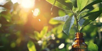 A small green plant grows from an amber glass bottle outdoors, with sunlight streaming through lush green foliage in the background.