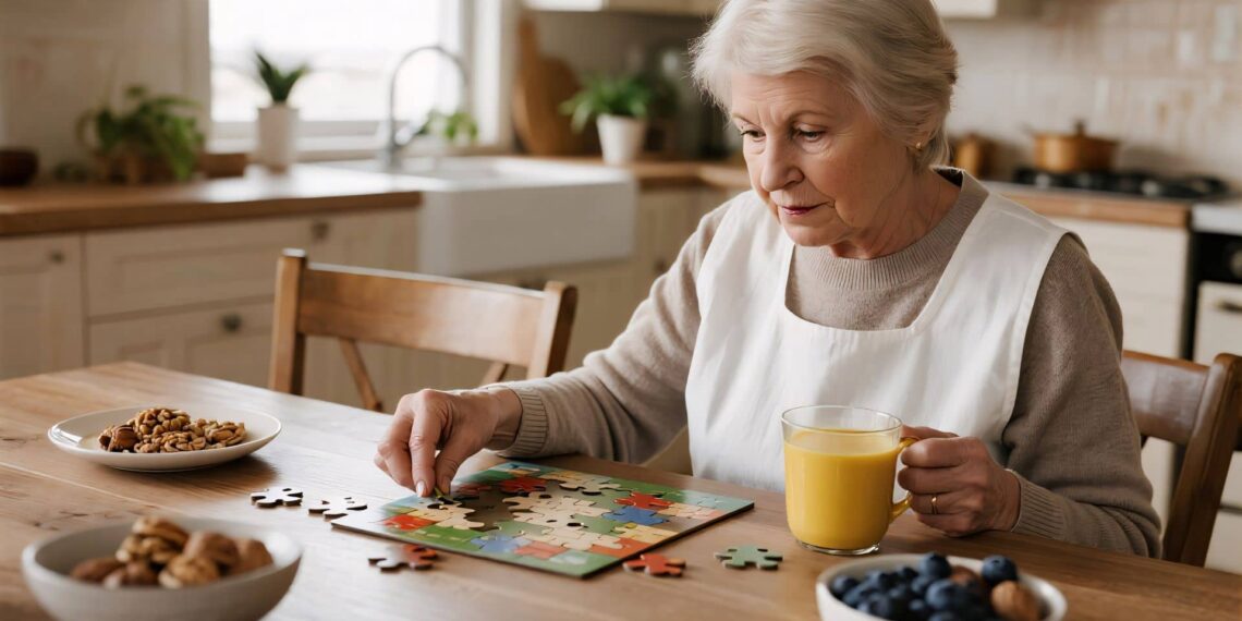 An elderly woman sits at a kitchen table, assembling a jigsaw puzzle while holding a yellow mug. Bowls of nuts and blueberries are on the table.