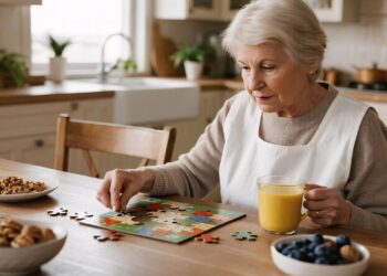 An elderly woman sits at a kitchen table, assembling a jigsaw puzzle while holding a yellow mug. Bowls of nuts and blueberries are on the table.