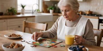 An elderly woman sits at a kitchen table, assembling a jigsaw puzzle while holding a yellow mug. Bowls of nuts and blueberries are on the table.