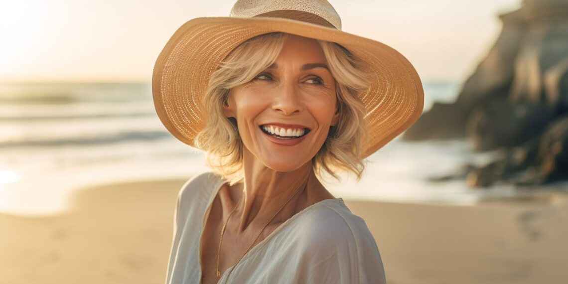 A smiling woman with short blonde hair wearing a wide-brimmed hat and a light blouse stands on a beach at sunset.