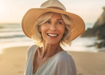 A smiling woman with short blonde hair wearing a wide-brimmed hat and a light blouse stands on a beach at sunset.