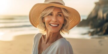 A smiling woman with short blonde hair wearing a wide-brimmed hat and a light blouse stands on a beach at sunset.